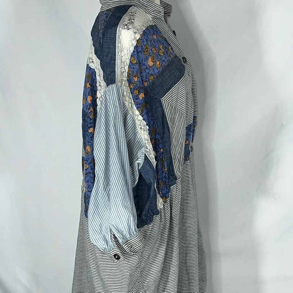Free People New Romantics Mixed Media Boho Tunic Dress Blue Floral Lace Size Lg - Picture 6 of 12